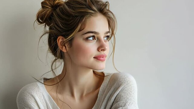 relax peaceful atmosphere, Caucasian woman with cozy hairstyle, hair tied up high 