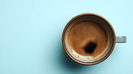 Tasty coffee in cup on light blue background, top view, space for text. generative AI