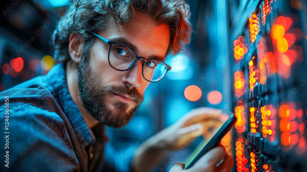 Poster a young man with glasses and a beard working in a data center, using a tablet. bright red server lig