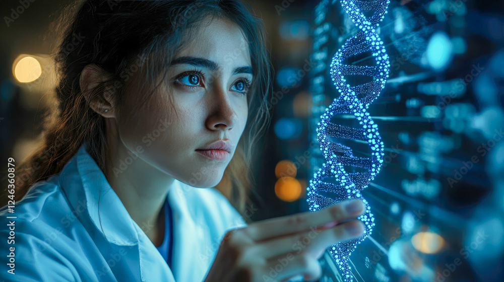 Poster a female scientist in a lab coat analyzing a glowing digital dna structure on a futuristic display. 