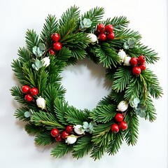 Decorative fir branch wreath with red cranberries and white eucalyptus, holiday, decoration, wreath