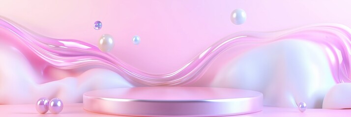 Pastel toned podium with floating pearls and gentle wave backdrop at event space