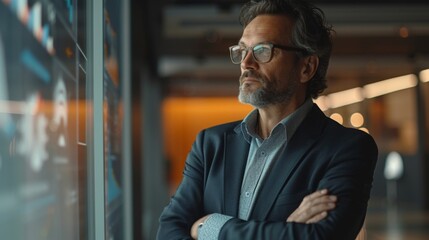 Professional man analyzing data in a modern office setting during daytime interactions