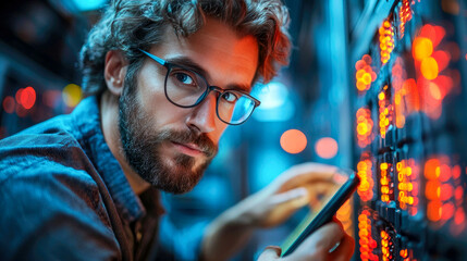 Obraz premium A young man with glasses and a beard working in a data center, using a tablet. Bright red server lights reflect on his focused expression
