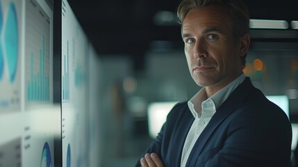 Professional man analyzing data in a modern office environment during the evening hours