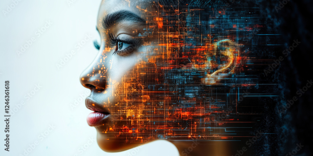 Poster ai-driven personalized technology interaction concept with futuristic digital interface and human co