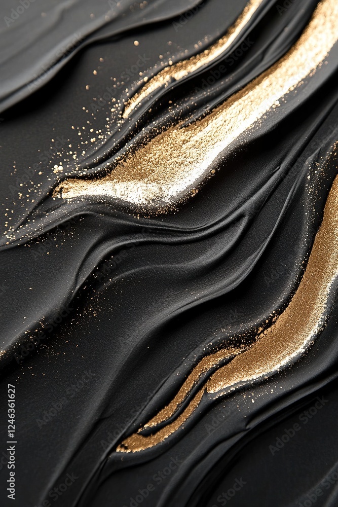 Poster thick expressive strokes of deep matte black intertwine with shimmering gold, creating a powerful vi