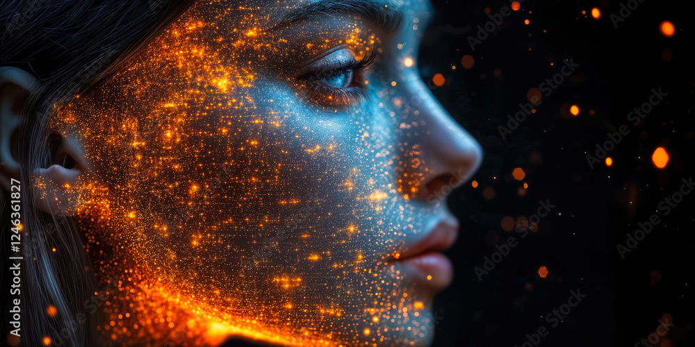 Poster ai integration in human face with randomness and neural networks visualization