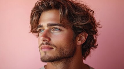 Fototapeta premium Young Man With Stylish Hair Posing Against a Pink Background. Generative AI