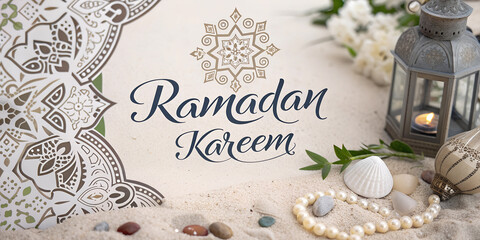Traditional Ramadan Kareem Design with Lantern, Candle, Pearls, and Ornate Patterns
