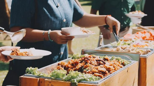 A group of people lined up to scoop up the food in the buffet line. Focusing on the hands of everyone who was scooping the food.