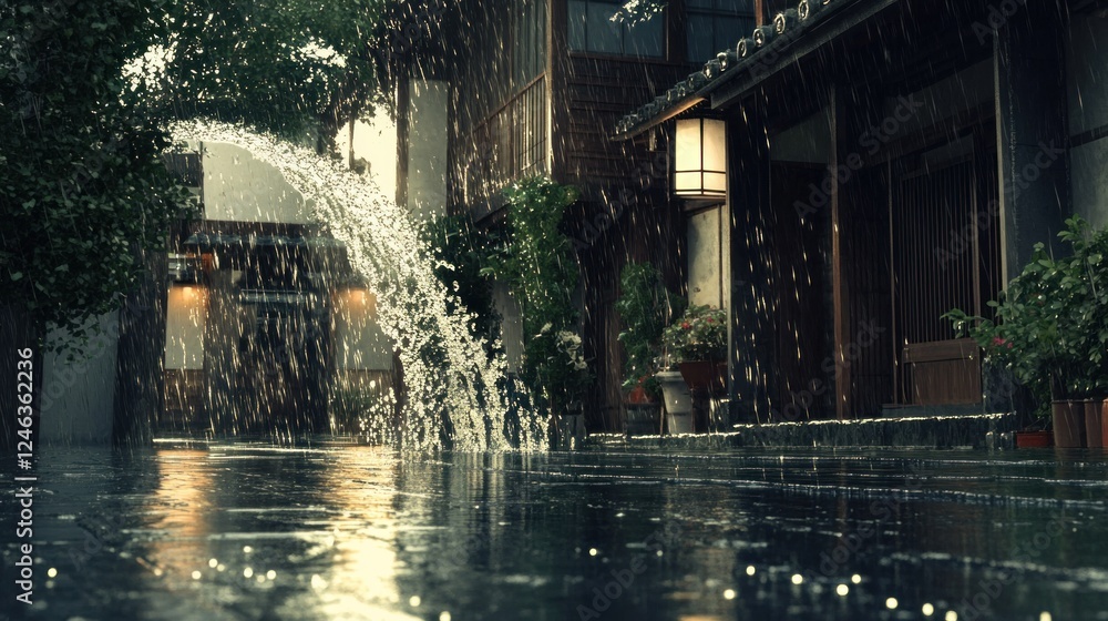 Poster A serene scene of rain falling in a tranquil courtyard with plants and traditional architecture.