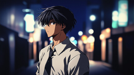 Fototapeta premium Man gazes with solemnity down a brightly lit street at night in Japanese anime style