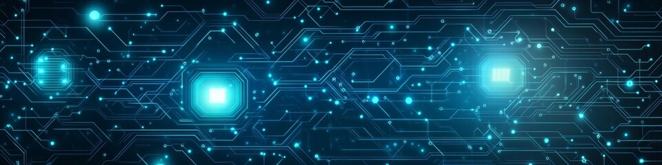 Fototapeta premium Glowing Circuit Lines On Dark Blue Background, Digital Technology And Communication Concept