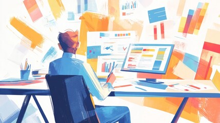 Fototapeta premium Paid media or pay per click advertising, marketing campaign pay for online ads for users to visit website concept, businessman marketer push money coin to website. Flat Cartoon Vector Illustration