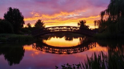 Obraz premium A serene sunset over a bridge reflected in a calm pond, surrounded by lush greenery.