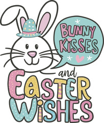 Colorful bunny illustration with Easter wishes and kisses in a festive design for spring celebrations