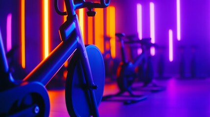 Modern indoor cycling studio with illuminated exercise bikes against a vibrant neon background