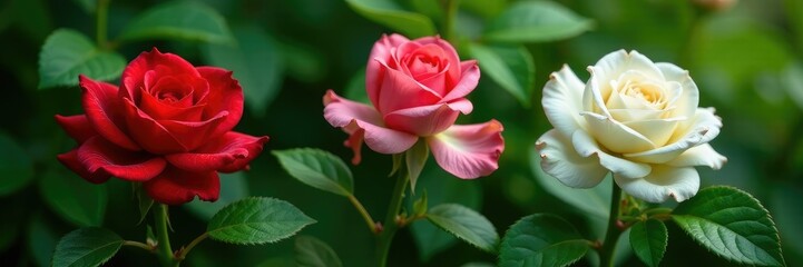 Fototapeta premium A white rose and red rose hybrid tea plant with lush green leaves, botanical, flower