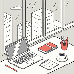 Modern office workspace setup with laptop, coffee cup, and stationery