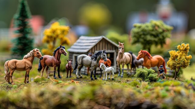 Miniature horses gathered around a stable in a vibrant landscape with trees and figures