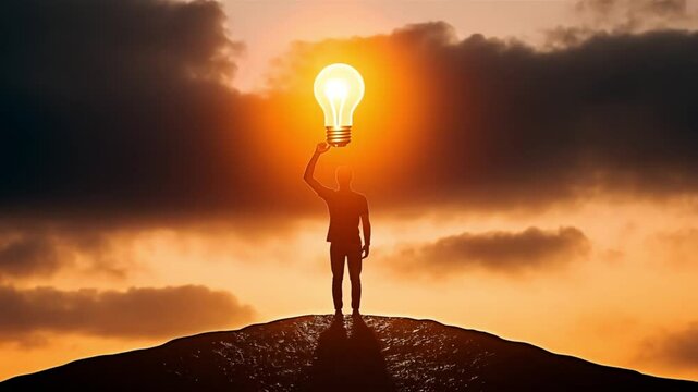A person raises a giant illuminated light bulb in the air as the sun sets behind dark clouds. Concept of new ideas, breakthrough innovation, and genius thinking.