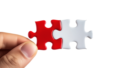 Hand Holding Red and White Puzzle Piece Representing Connection and Solution Isolated on Transparent Background