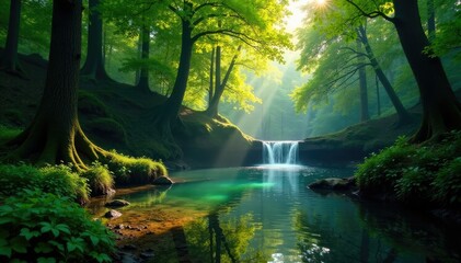 A tranquil forest scene with sunlight casting dappled shadows on forest floor near a gentle waterfall and pond, pond, trees, reflection