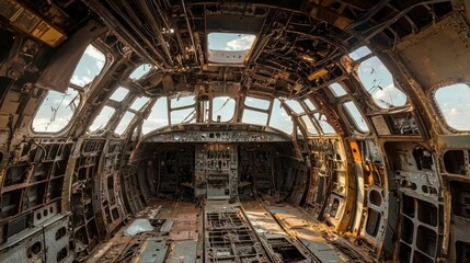 Interior of Abandoned Airplane Showing Wreckage and Decay