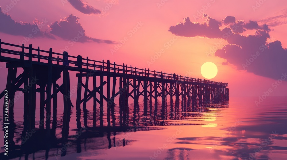 Poster a serene sunset over a wooden pier extending into calm waters, creating a tranquil atmosphere.