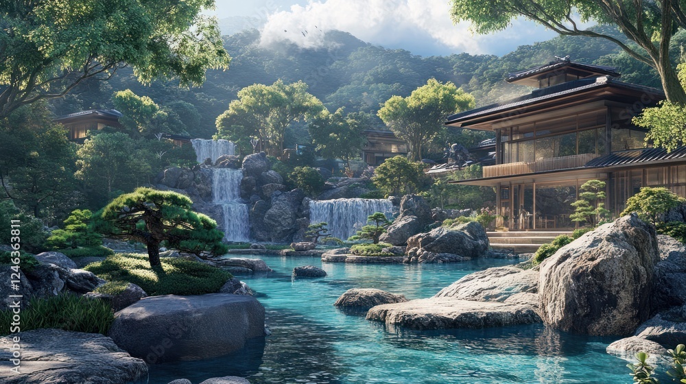 Wall mural Japanese style house and waterfall, surrounded by nature for relaxation, travel, and zen lifestyle