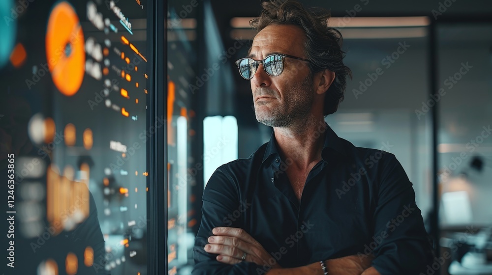 Poster professional man analyzing data in a modern office setting during the day