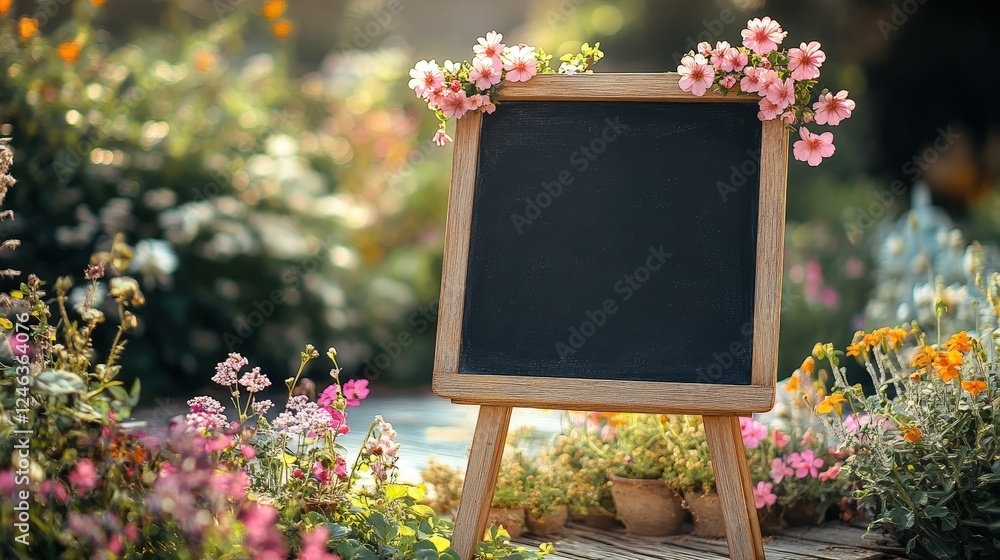 Poster charming empty blackboard on wooden easel surrounded by colorful flowers in a lush garden setting fo