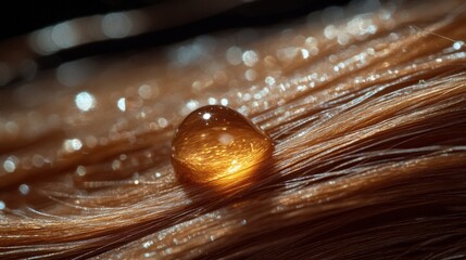 Fototapeta premium Water Droplet Glistens on a Strand of Golden Hair. Generative AI