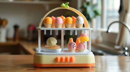 Colorful toy ice cream display with various flavors in a cozy kitchen setting