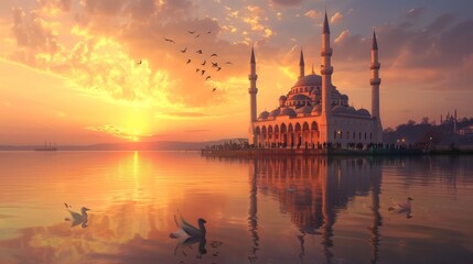 Fototapeta premium Serene Mosque Reflections at Sunset
