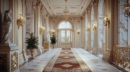 Obraz premium Elegant hallway with marble details and golden accents in a palace