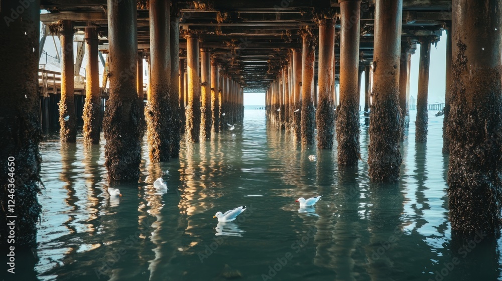 Poster a serene view beneath a pier, with birds floating on calm waters reflecting warm light.