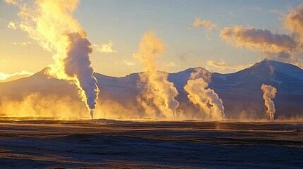 Fototapeta premium Majestic Geysers Erupting in Dawn Light Over Mountain Landscape
