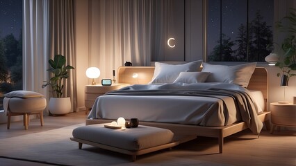 Nighttime routine with smart sleep tracker in the pleasant bedroom atmosphere.