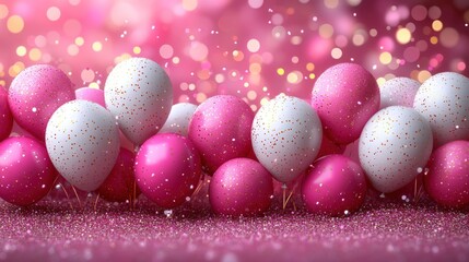 Pink, white balloons; glitter; festive background