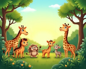 Cute cartoon safari zoo with animal frame border on background in watercolor style