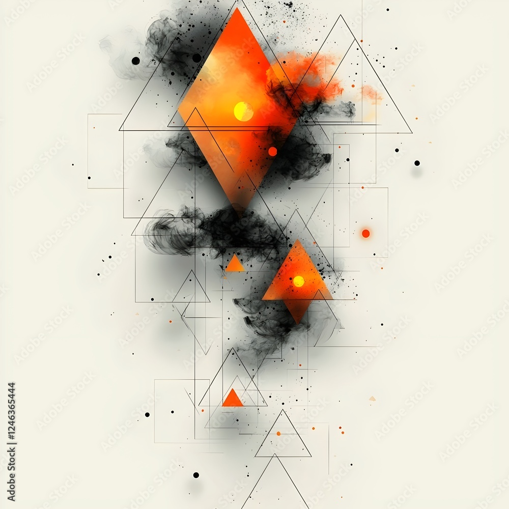 Poster abstract geometric design featuring triangular shapes in shades of orange and black, creating a dyna