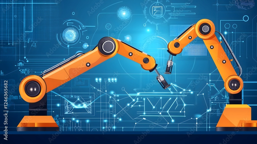Poster futuristic industrial robotic arms technical blueprint with digital interface elements, showing engi