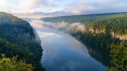 Fototapeta premium Serene River Landscape Surrounded by Misty Forests and Cliffs