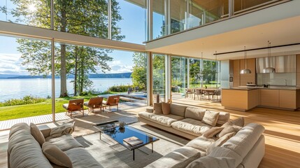 Fototapeta premium Modern Open Living Space with Scenic Lake View and Natural Light