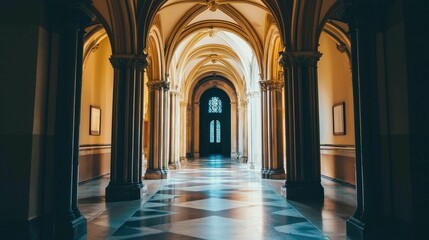 Fototapeta premium Elegant Arched Hallway with Soft Lighting and Marble Floor Details