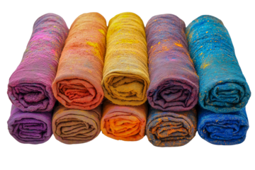 Rolled fabrics in vibrant Holi-inspired colors isolated on a transparent background.