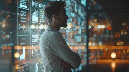 Innovative professional analyzing data trends in a modern workspace at night