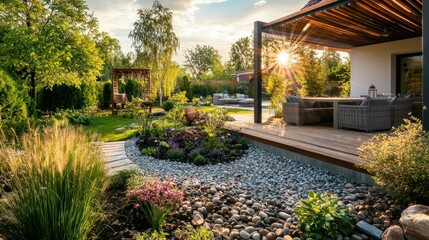 Naklejka premium Beautiful Cozy Garden with Greenery, Flowers and Wooden Deck